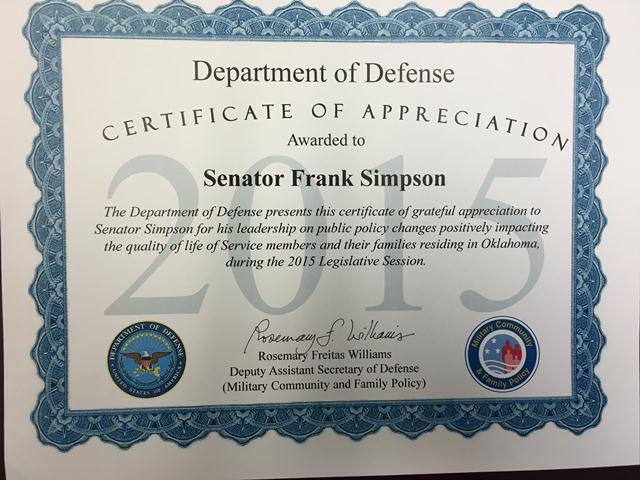 The U.S. Department of Defense honored Sen. Frank Simpson for his support of legislation to help Oklahoma veterans and their families. 