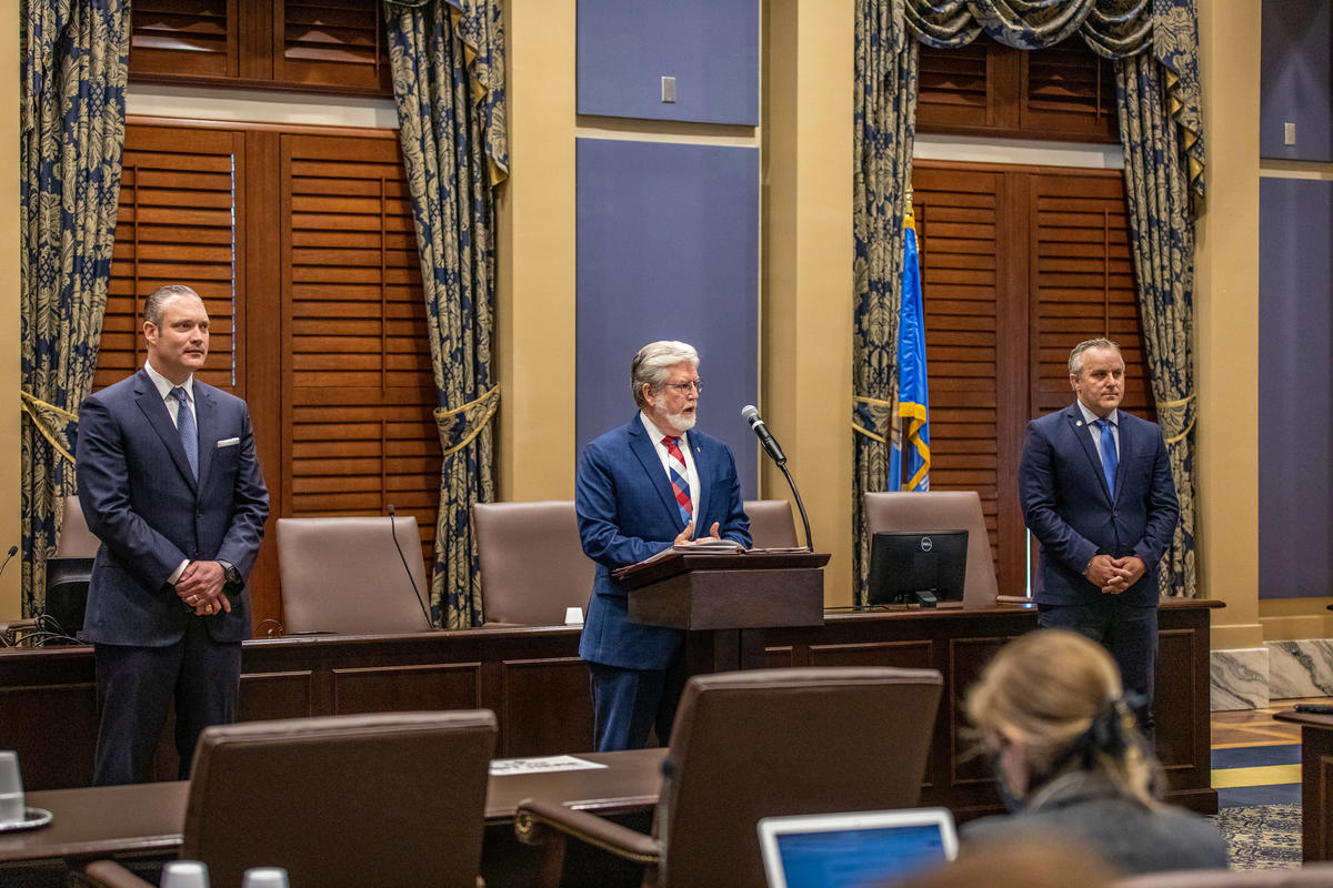 Senate Appropriations Chairman Roger Thompson, R-Okemah, along with Senate President Pro Tempore Greg Treat, R-Oklahoma City, and House Speaker Charles McCall, R-Atoka, discuss the 2021 budget agreement with media.