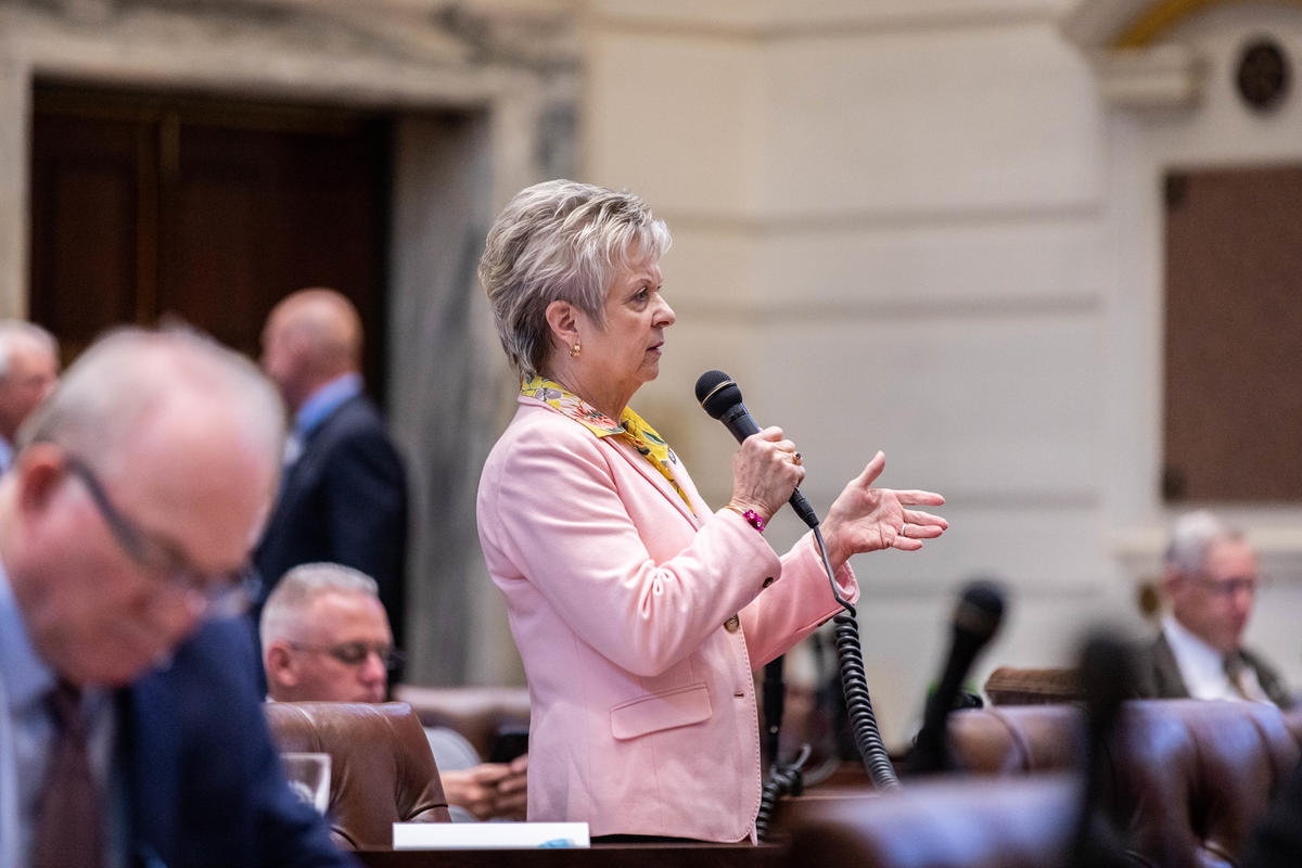 Sen. Julie Daniels, R-Bartlesville, presents a measure limiting liability for health care providers and facilities responding to the COVID-19 pandemic.