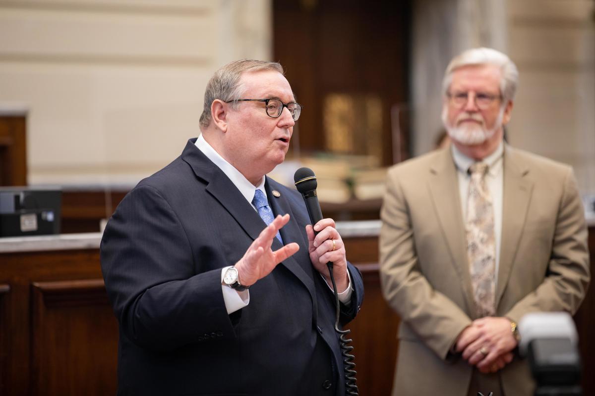Senate Appropriations Chair, Roger Thompson, R-Okemah, listens as Higher Education Chancellor Glen D. Johnson addresses members of the Senate after passage of Senate Concurrent Resolution 10, honoring Johnson for his service and wishing him well on his upcoming retirement.