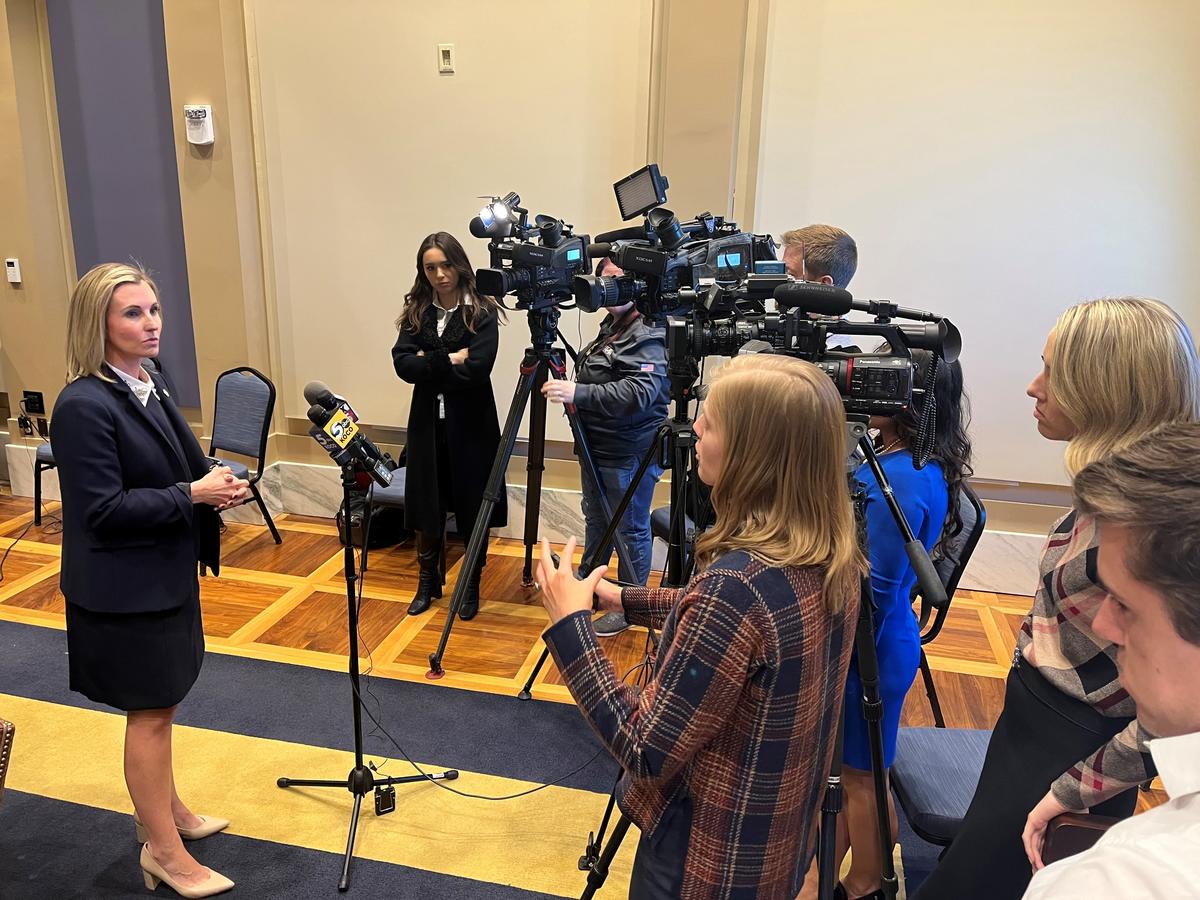Sen. Thompson visits with reporters after Tuesday's meeting of the Senate Select Committee on Business Retention and Economic Development about the planned closure of Ardmore's Michelin plant.