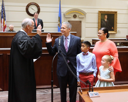 Sen. Michael Brooks was sworn in by Oklahoma Supreme Court Justice Douglas Combs during a ceremony held Tuesday at the state Capitol in the Senate Chamber. The Oklahoma City Democrat will represent Senate District 44. Also pictured are his wife, Jessica, and children, Joaquin and Lucy.