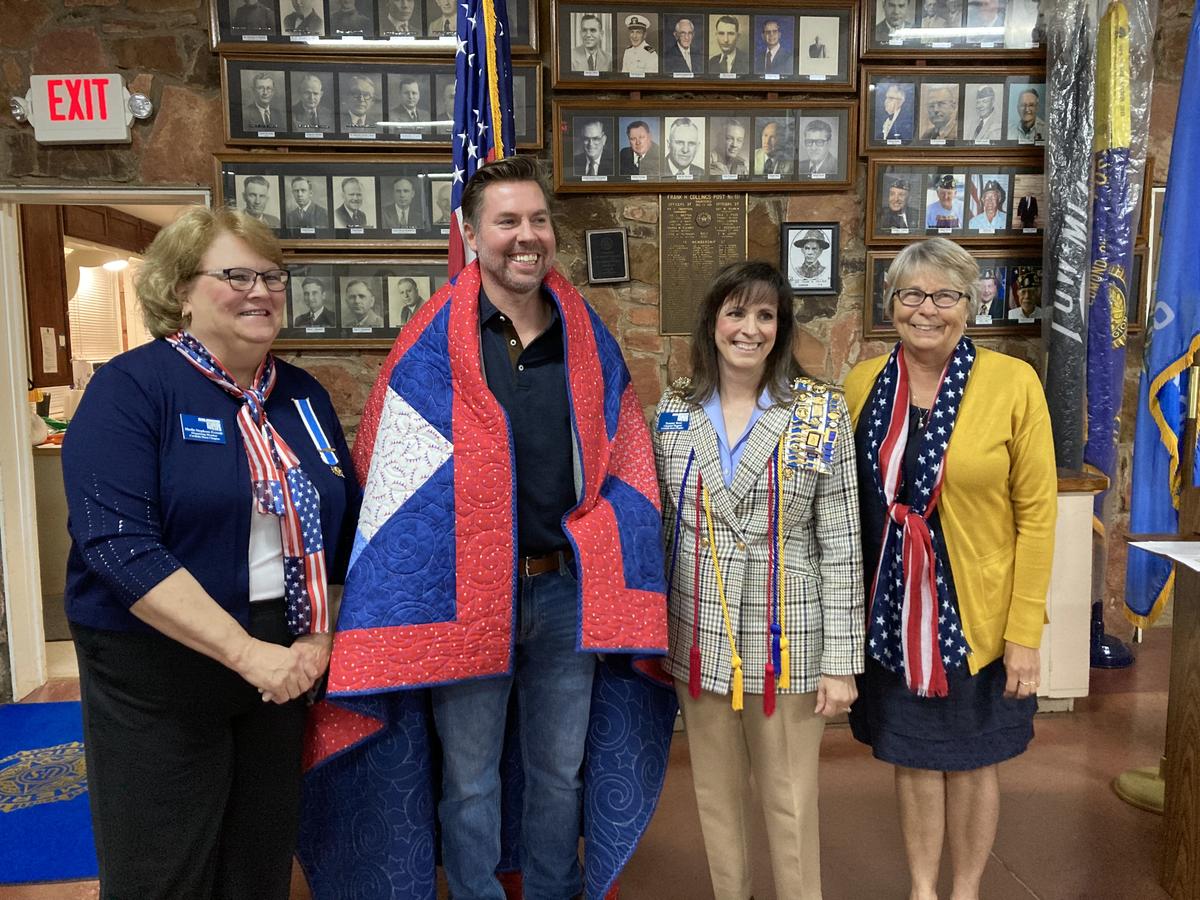 Sen. Pugh was presented with a Quilt of Honor recently by the Cordelia Steen Chapter of the NSDAR. (L-R) Chapter QOV Coordinator Sheila Everett, Sen. Adam Pugh, Chapter Regent Tammy Ross, and QOV Foundation Representative Laura Sylvester
