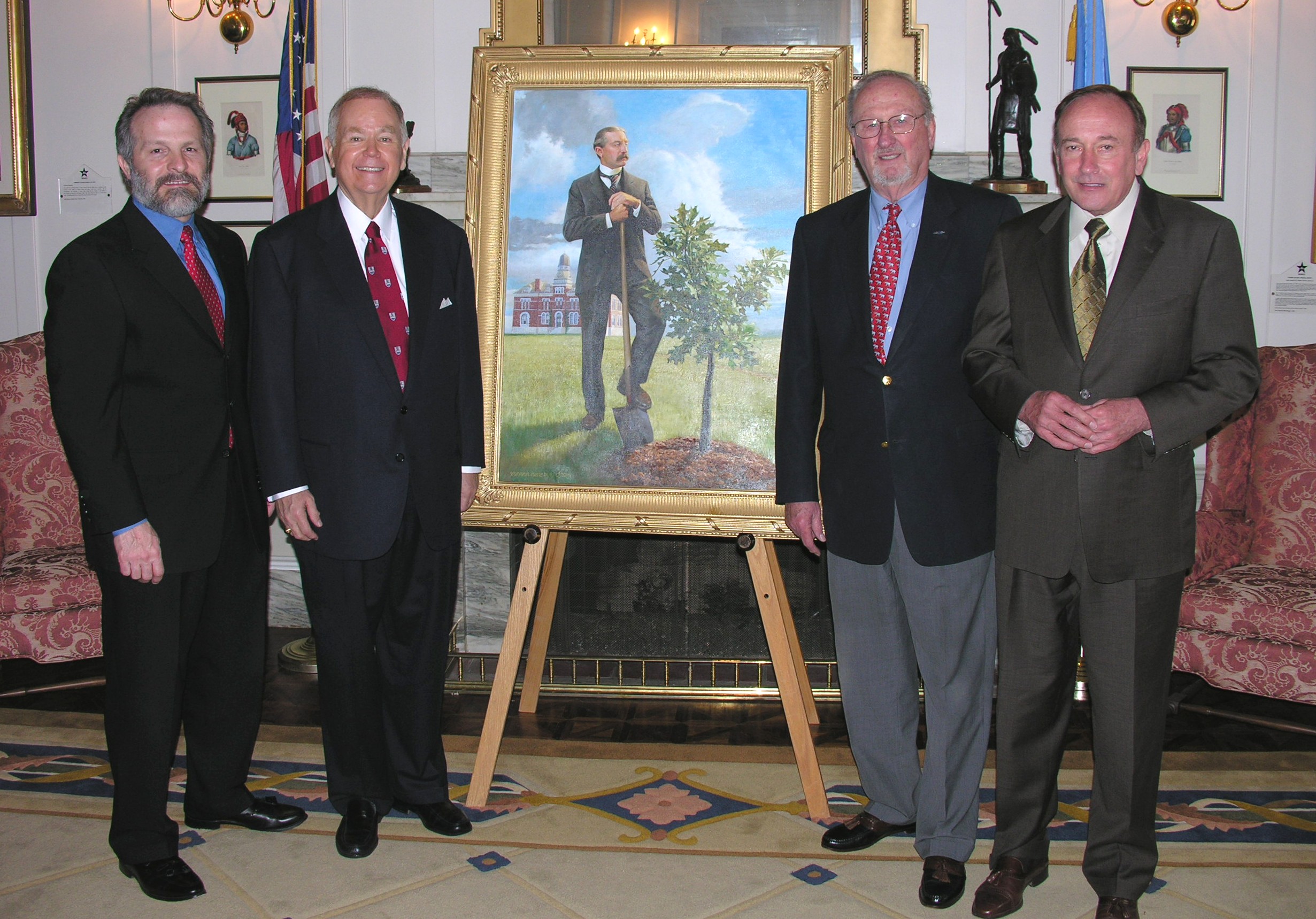 Artist Mike Wimmer, OU President David Boren, Charles Ford and Senator Cal Hobson.