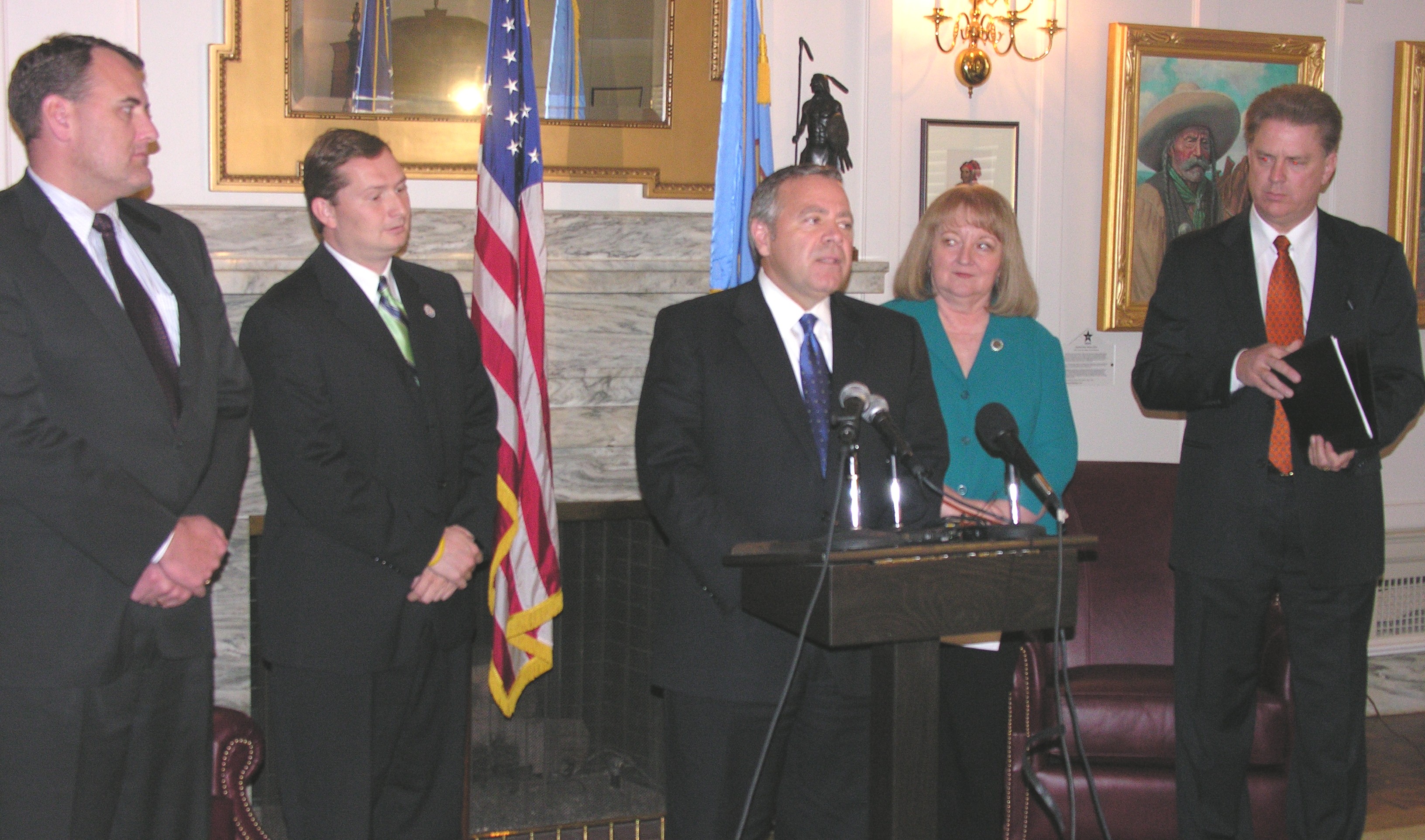 President Pro Tempore Mike Morgan, with senators John Sparks, Kenneth Corn, Debbe Leftwich and Charles Laster, presents the Senate Democrats' agenda for the 2008 session.