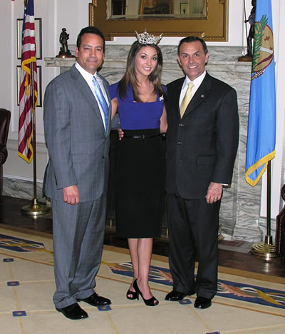 Miss Oklahoma Kelsey Cartwright poses wtih Collinsville Mayor Stan Sallee and Sen. Randy Brogdon after she was presented on the Senate floor Monday,