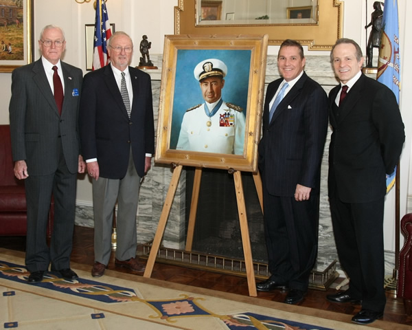 Chairman of the Oklahoma War Veterans Commission Admiral Wesley V. Hull, Preservation Fund President Charles Ford, Portrait Sponsor Sen. Cliff Branan, and Artist Mike Wimmer