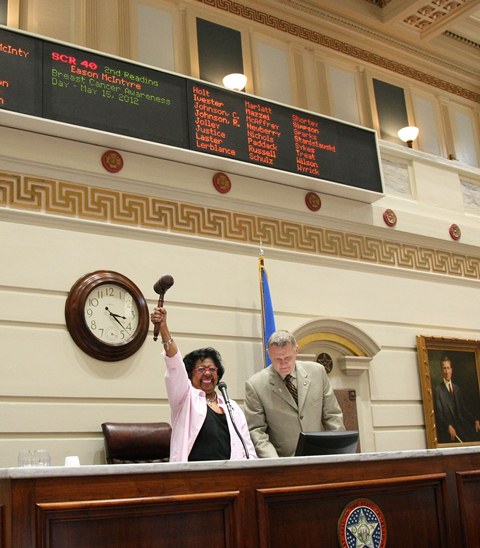 Breast cancer survivor, Sen. Judy Eason McIntyre celebrates passage of SCR 40.