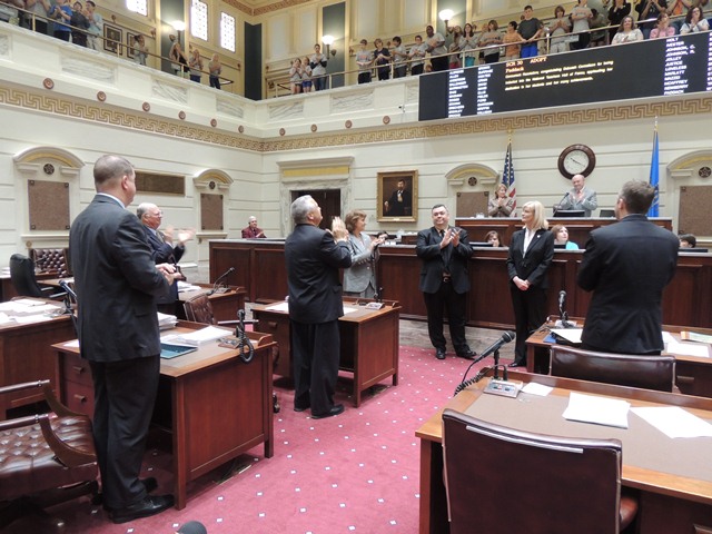 Sen. Susan Paddack, Byng Superintendent Todd Crabtree, at the front of the chamber, join the Senate in giving National Teachers Hall of Fame inductee Deborah Cornelison a standing ovation.  Cornelison is one of only five teachers nationwide chosen for th