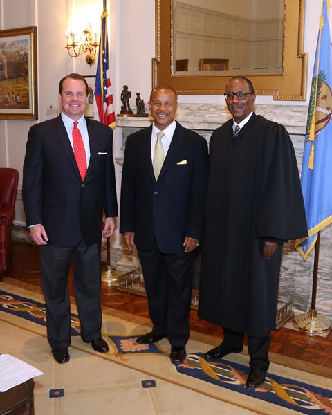 Sen. Kevin Matthews poses alongside Lt. Gov. Todd Lamb (L) and Oklahoma Supreme Court Justice Tom Colbert (R). 