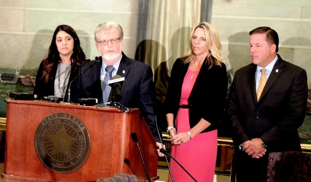 Sen. Stephanie Bice; R-Oklahoma City; Sen. Roger Thompson, R-Okemah; Sen. AJ Griffin, R-Guthrie, and Sen. Lonnie Paxton, R-Tuttle, discuss line-item budgeting bill at a press conference held Tuesday at the state Capitol. 