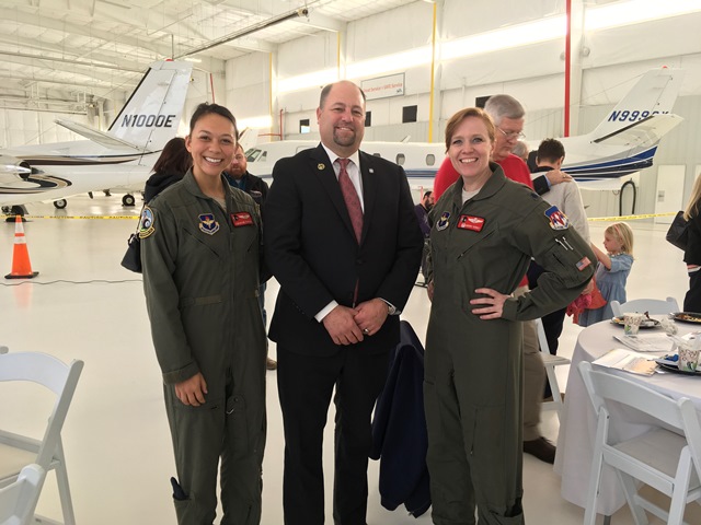 Sen. Paul Scott joined many other Oklahomans on December 9th to celebrate the first annual Oklahoma Women in Aviation and Aerospace Day at the Atlantic Aviation Hangar at Wiley Post Airport. Pictured L-R: Captain Christine Durham, Sen. Scott and Lieutena
