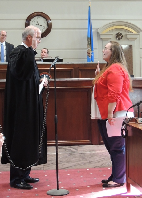 Senator Allison Ikley-Freeman, D-Tulsa, was sworn into office by State Supreme Court Chief Justice Douglas Combs Thursday, February 1, in the Senate chamber at the Capitol.