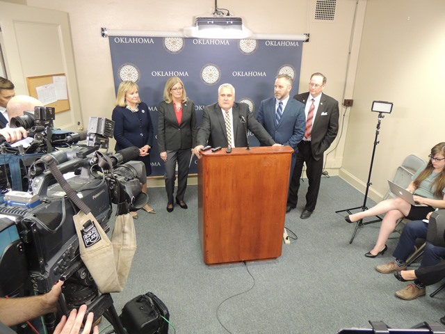 Senate President Pro Tempore Mike Schulz was joined by Gov. Mary Fallin, Senate Appropriations Chairwoman Sen. Kim David, Senate Majority Floor Leader Greg Treat and Senate Appropriations Vice Chair Eddie Fields Wednesday evening following the Senate's a